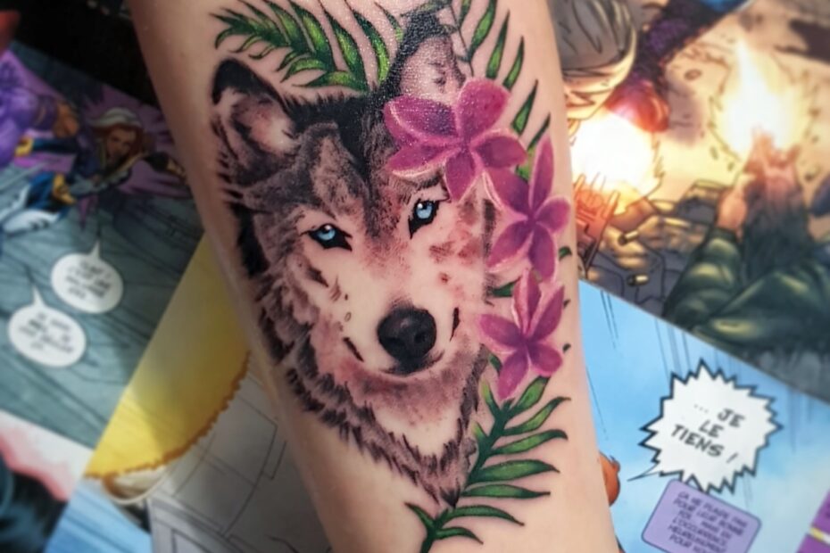 InkTrowertyk- tatuaż Garwolin Wilk w kwiatkach